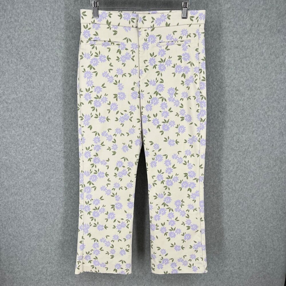 Zara Womens Floral Mini Flare Crop Trouser Pants Size L Cream Purple Boho Office